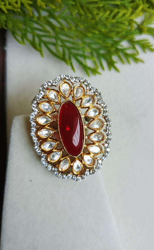 (5-18-FR4) Tyaani Kundan CZ Oval Shape Finger Ring