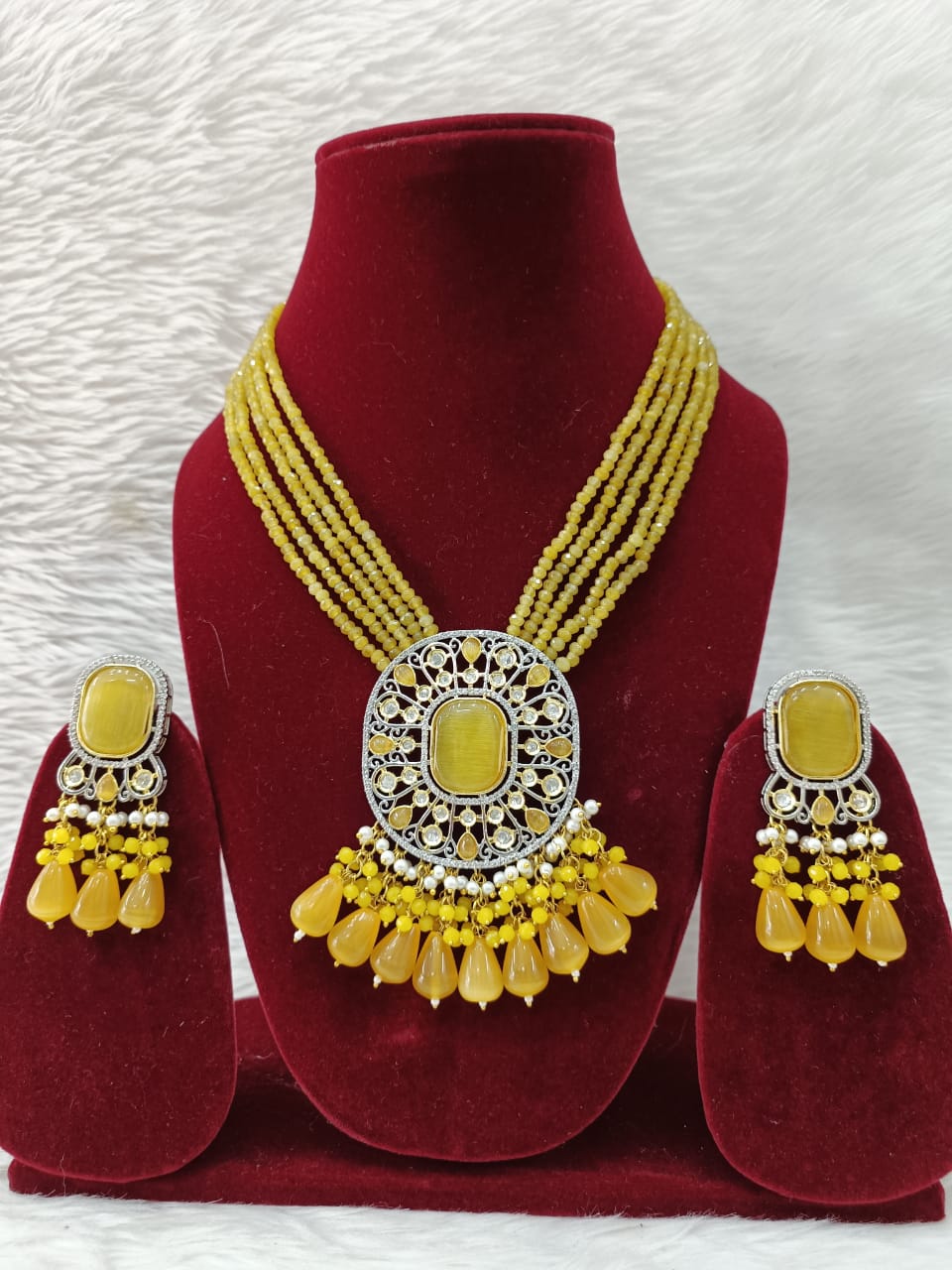 (5-18-NS15) CZ Tyaani with Kundan Monalisa stone Statement Long Necklace