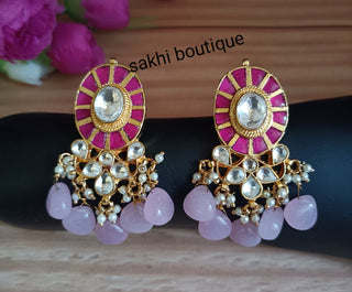 (7-14-ER6) Rani Pachi Kundan Pink Beads Earring