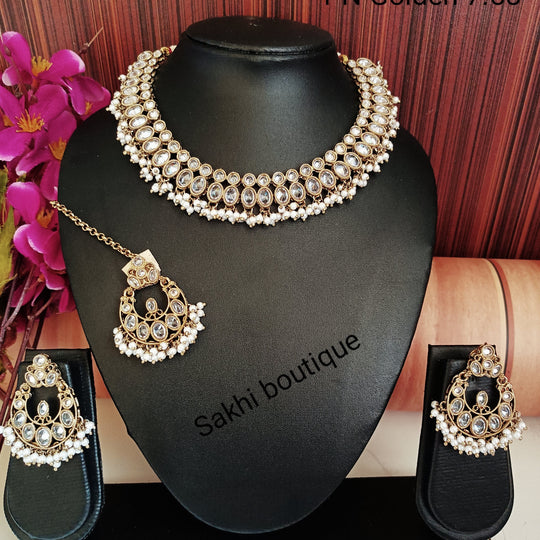 (6-32-NS6) Polki Monalisa Combo With Tika Necklace Set