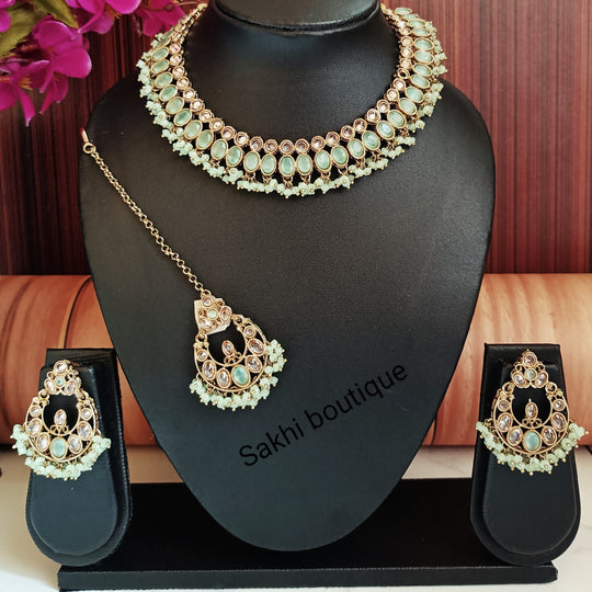 (6-32-NS6) Polki Monalisa Combo With Tika Necklace Set