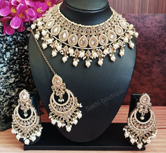 (6-32-NS9) Premium Quality Polki  Bridal Combo Necklace Set