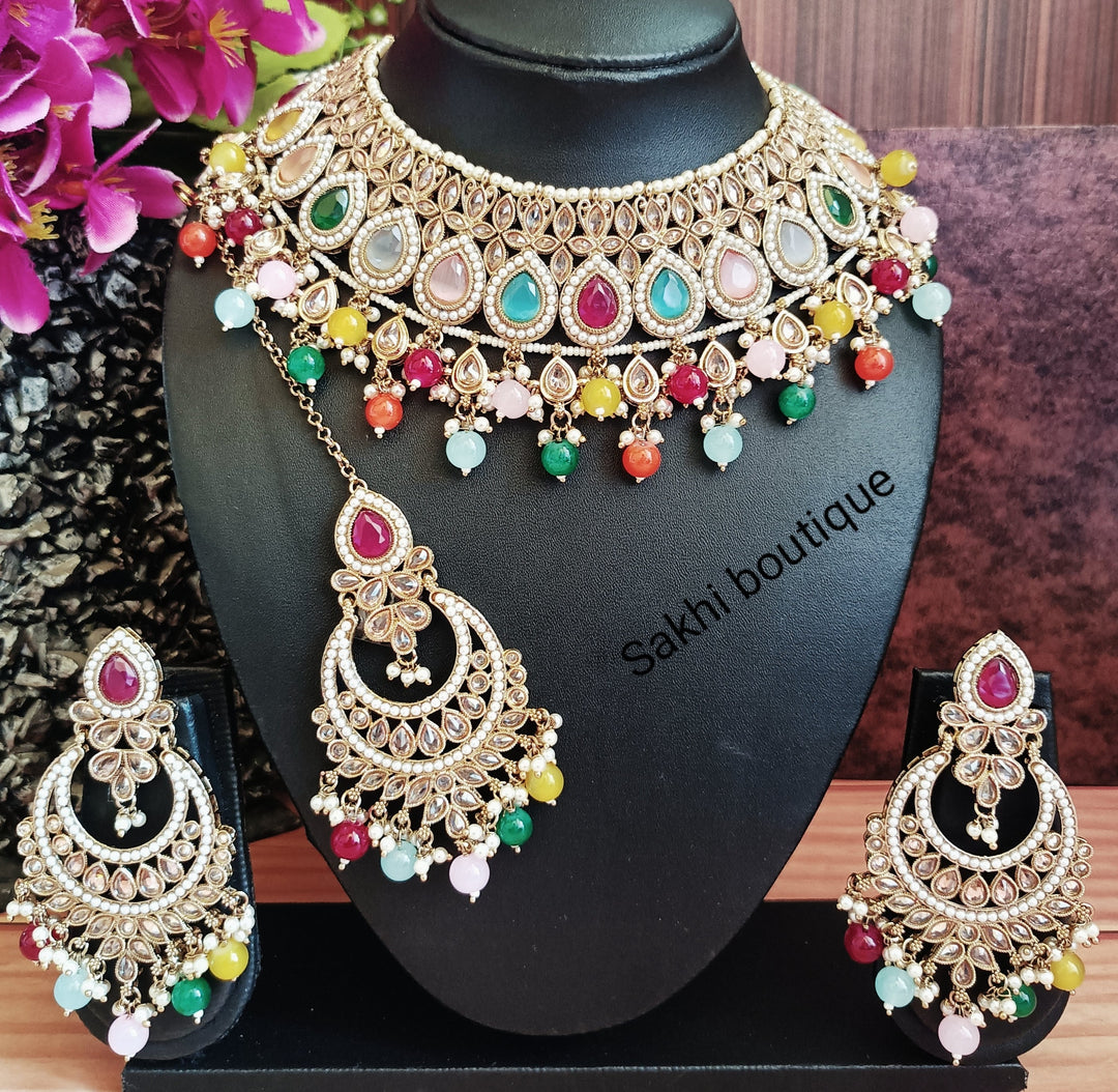 (6-32-NS9) Premium Quality Polki  Bridal Combo Necklace Set