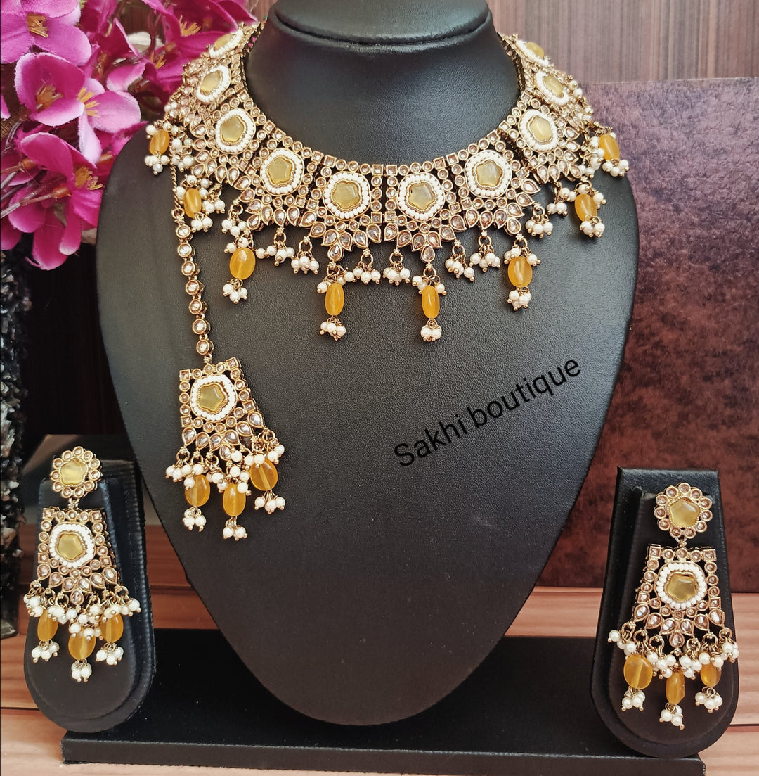 (6-32-NS8) Premium Quality Polki Monalisa Semi Bridal Necklace Set