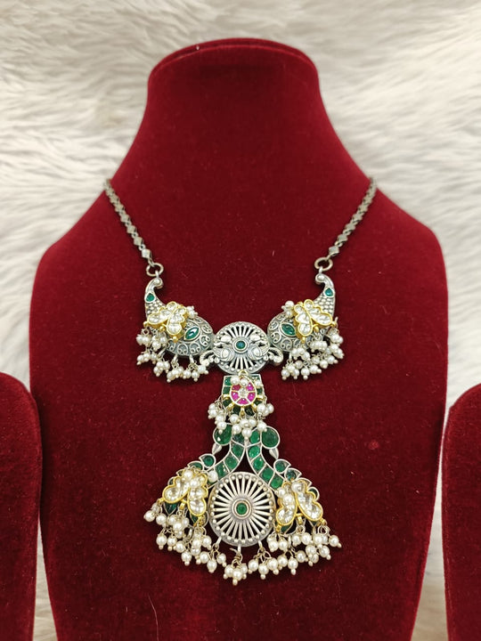 (8-18-NS13) Silver Fusion Panchi Kundan  Premium Necklace