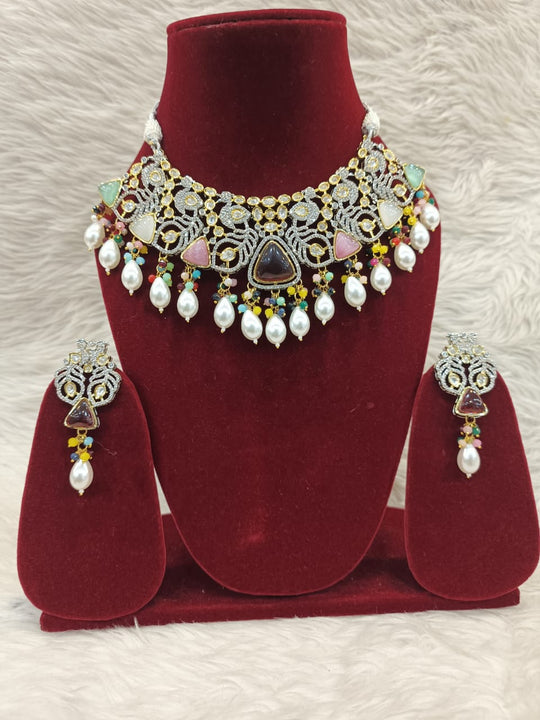 (1-18-NS8) Tyaani Kundan With AD Dimond, Monalisa Stone Multi Exclusive Necklace