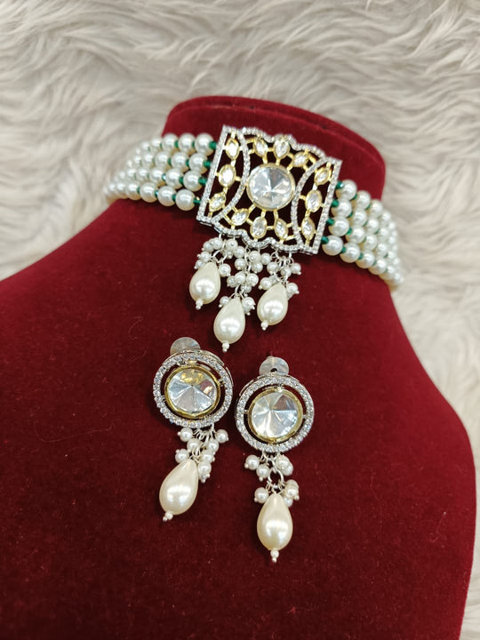 (1-18-NS7) Tyaani Uncut Kundan With AD Pearl Choker