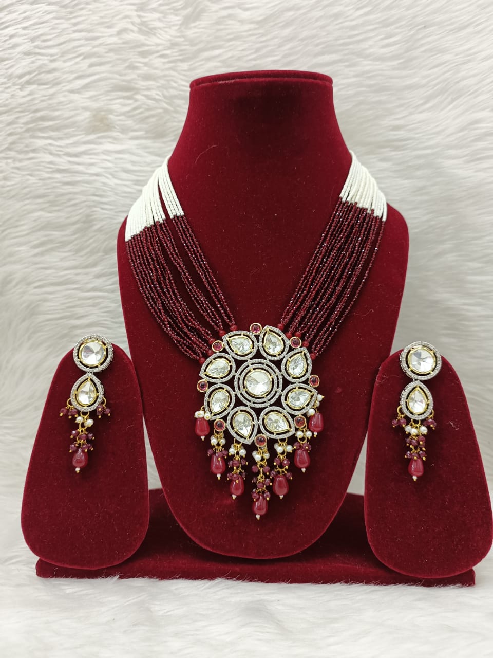 (5-18-NS18) Uncut Kundan with CZ dimond Long Statement Mala