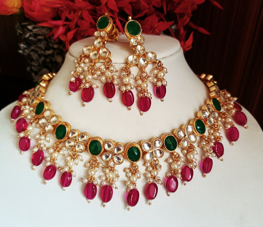 (1-14-NS5) PACHI KUNDAN BEADS STATEMENT NECKLACE SET